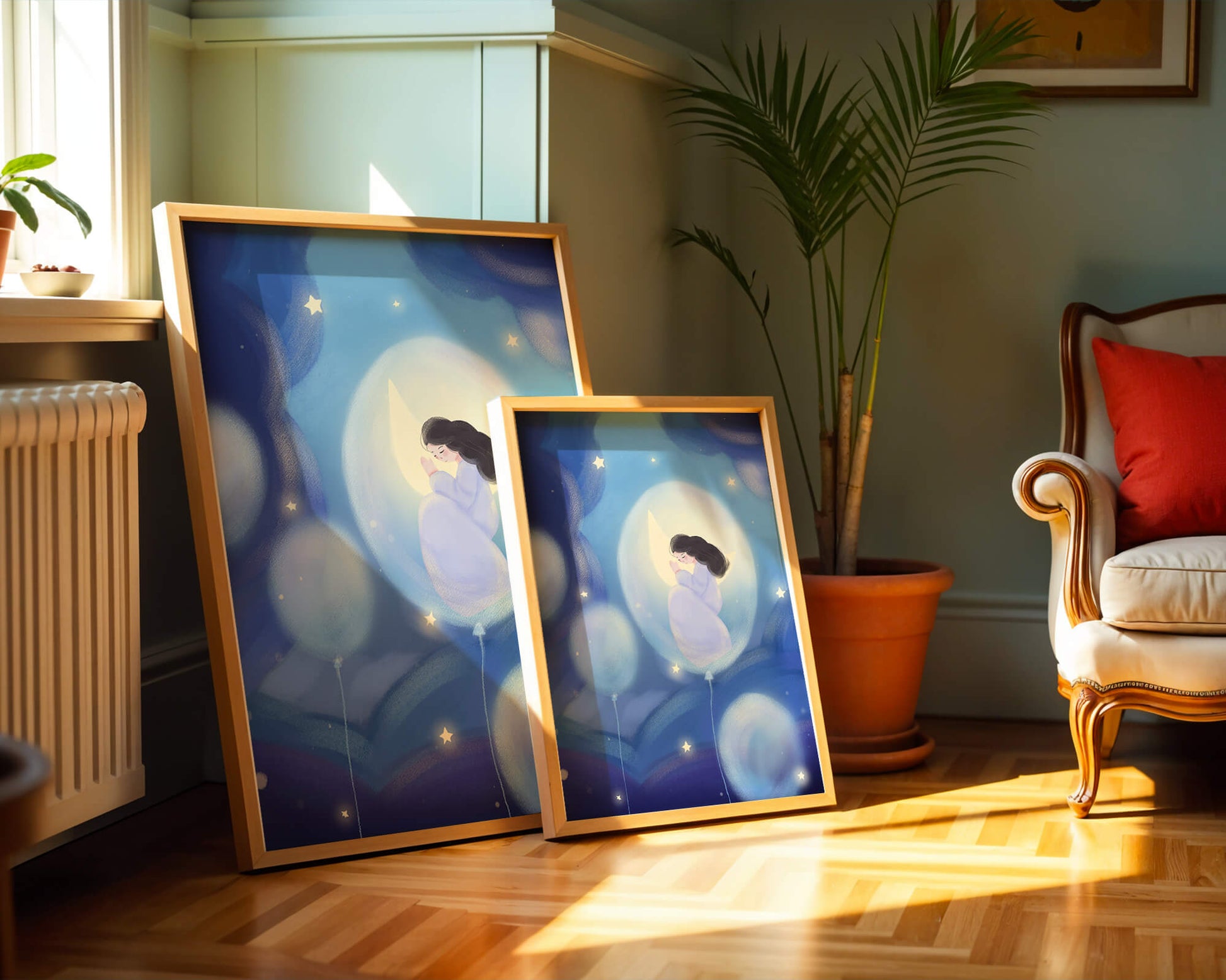 Dreamlike night sky with a girl on a moon enveloped by stars and balloons