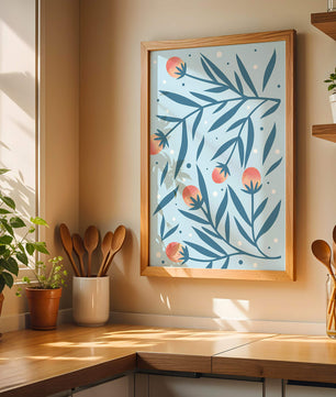 Abstract botanical pattern with colorful flowers and leaves on light blue background