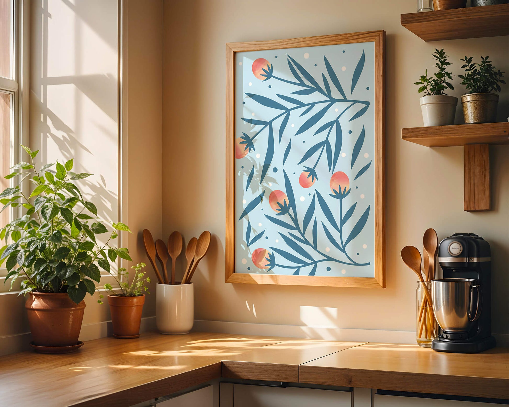 Abstract botanical pattern with colorful flowers and leaves on light blue background