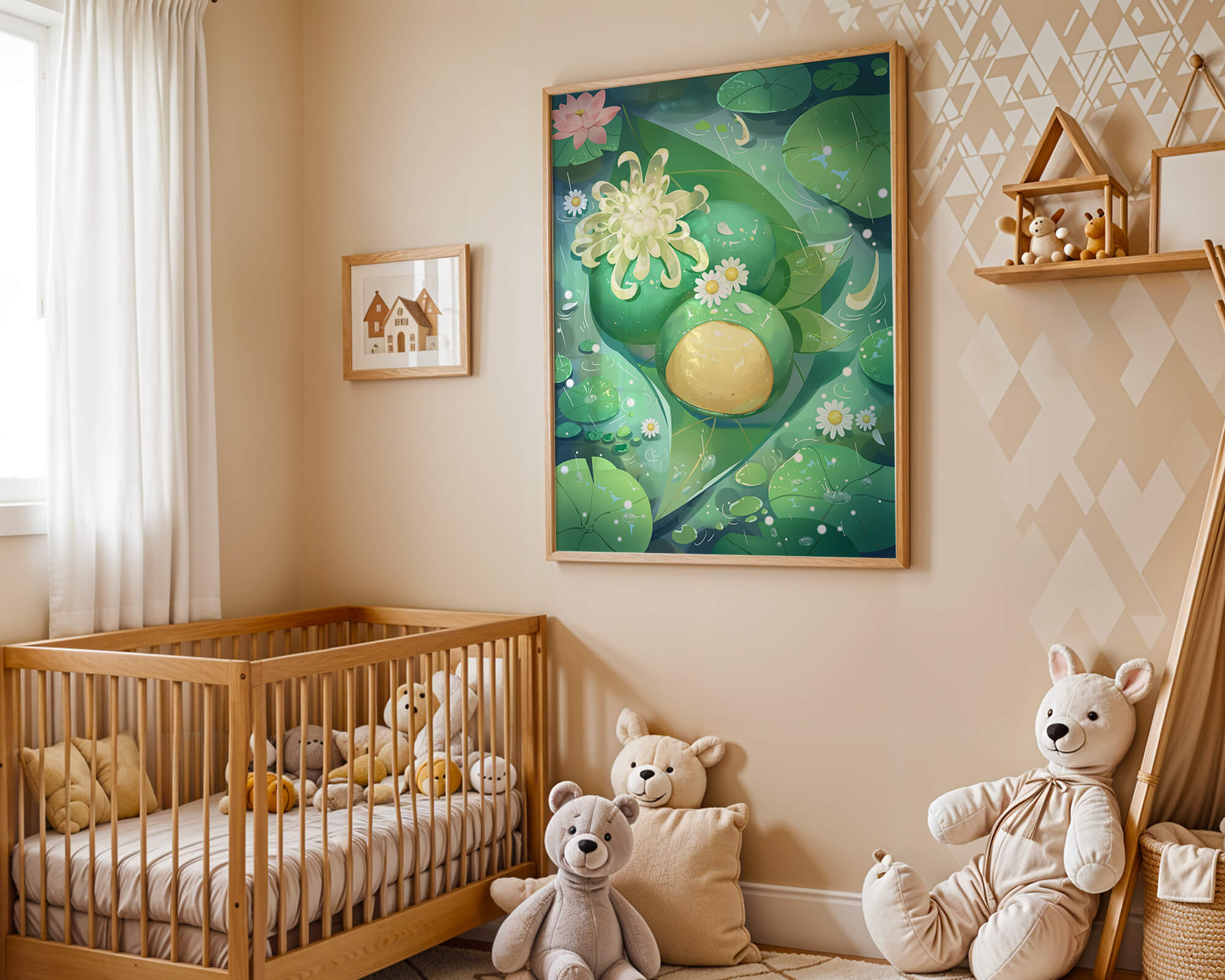 Lush aquatic scene with lotus flowers and green leaves