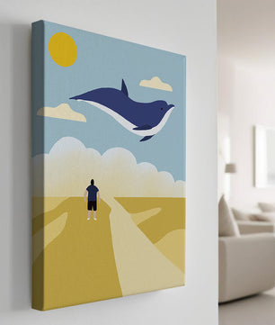Surreal Landscape with Flying Blue Whale and Human on Desert Path