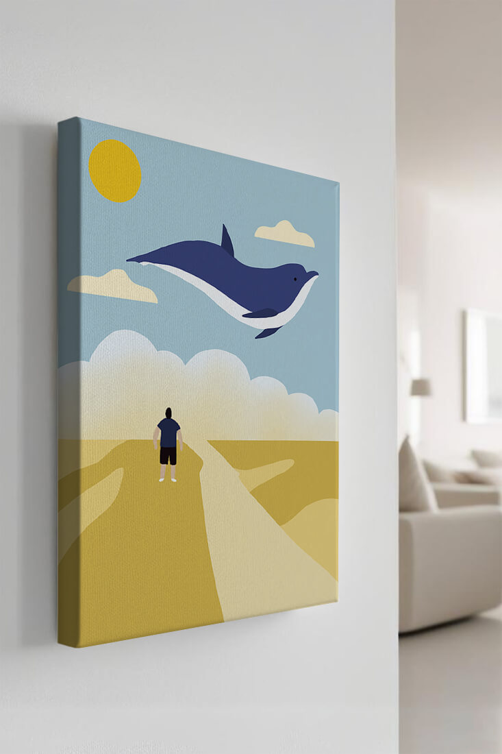 Paisaje surrealista con ballena azul voladora y humano en camino desértico