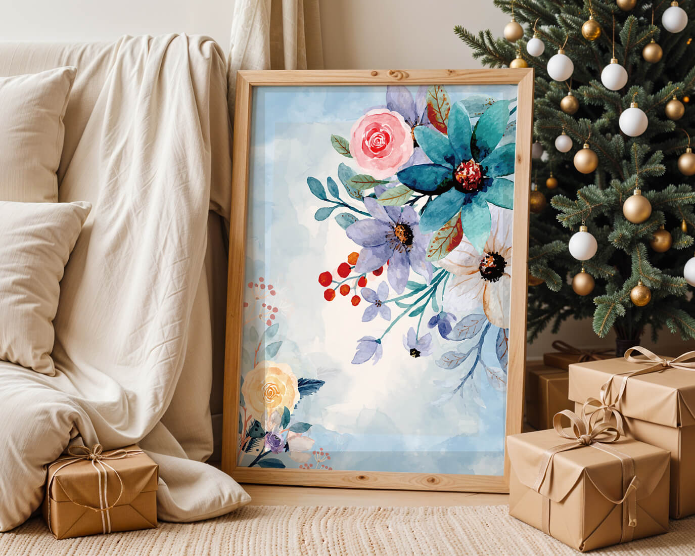 Ilustración floral acuarela con flores y hojas vibrantes