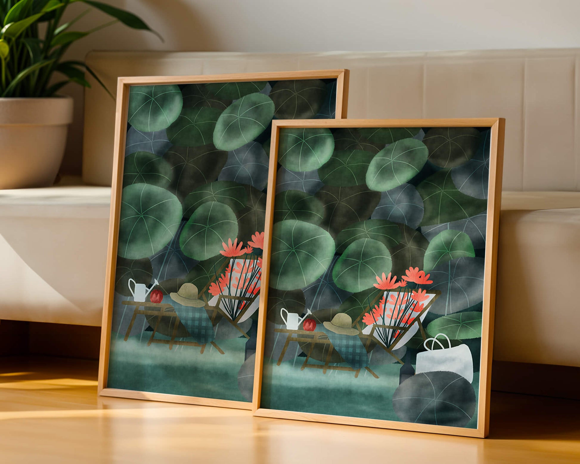 Garden Scene with Flowers, Table, and Chair in a Leafy Backdrop
