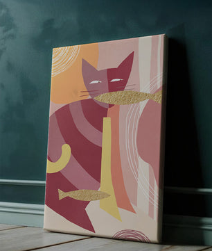 Abstract cat artwork with gold accents and colorful patterns