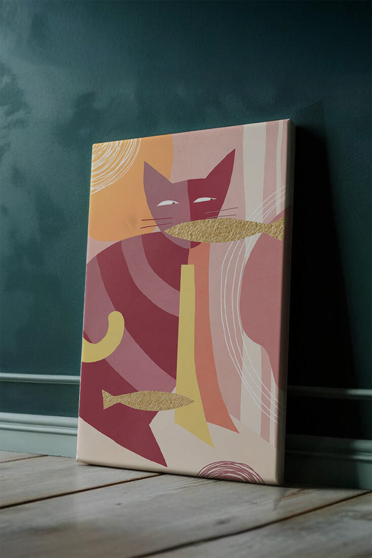 Abstract cat artwork with gold accents and colorful patterns