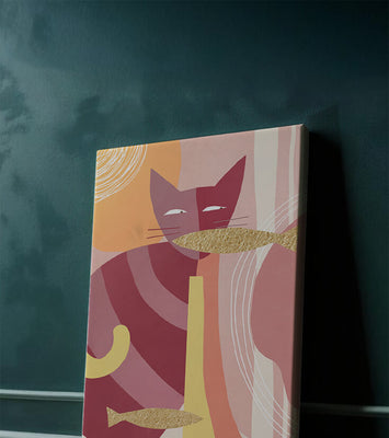 Abstract cat artwork with gold accents and colorful patterns