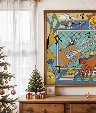 Colorful Cartoon Collage with Musical Elements and Smiling Faces