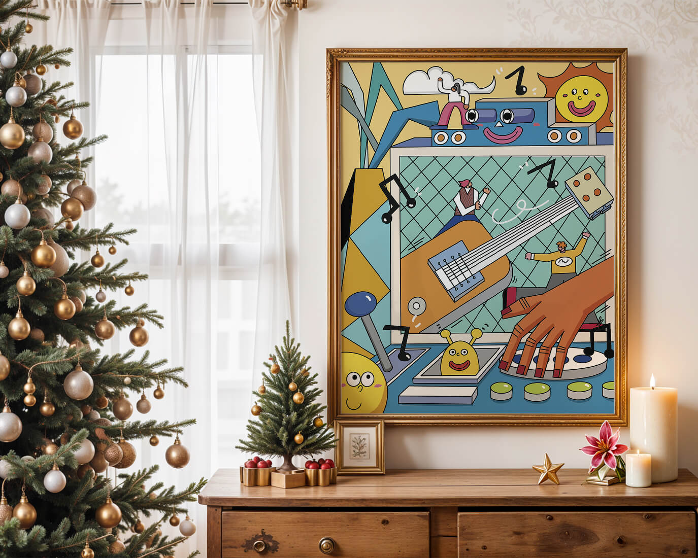 Colorful Cartoon Collage with Musical Elements and Smiling Faces