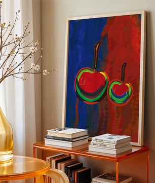 Pintura abstracta de cerezas con colores vibrantes