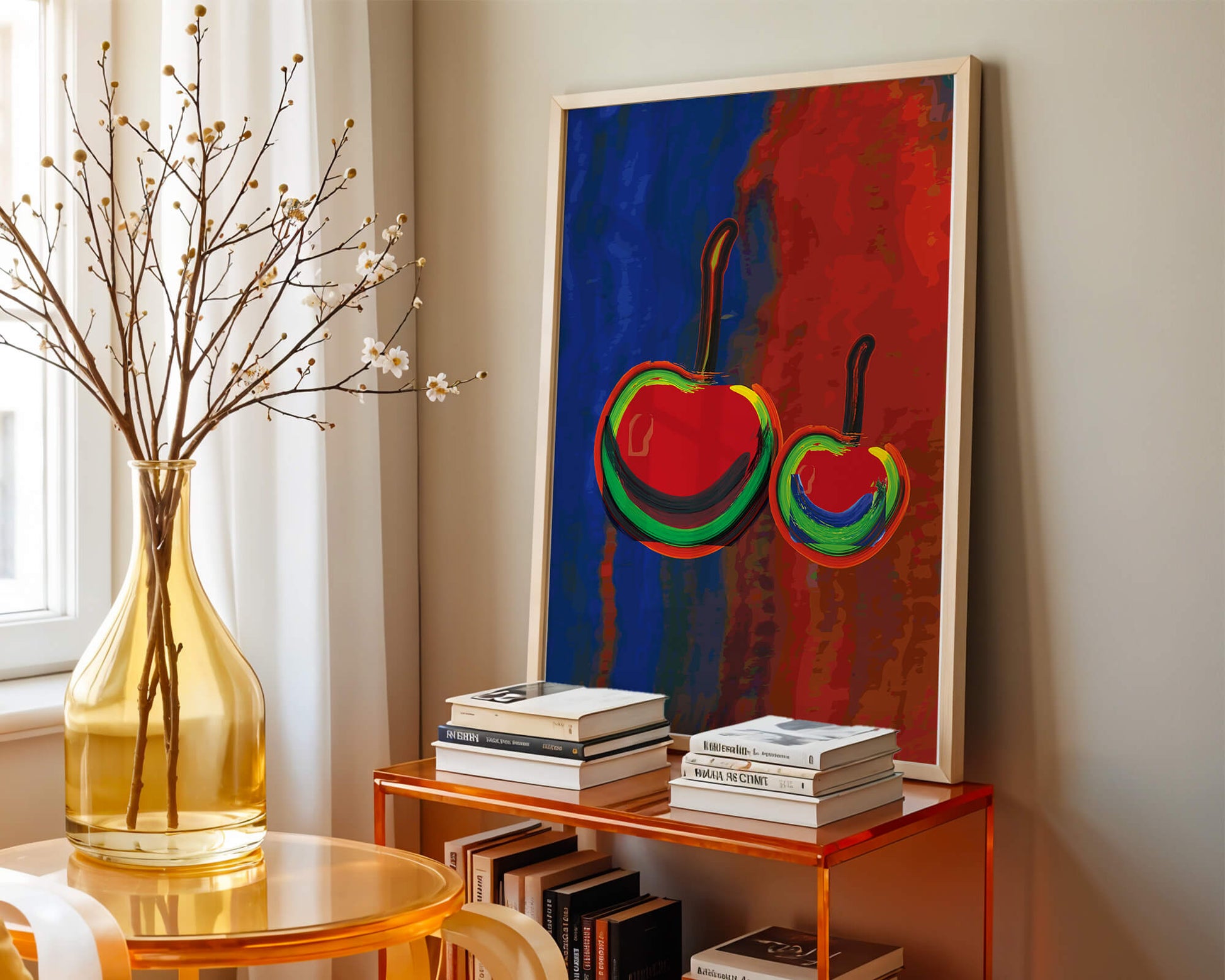 Pintura abstracta de cerezas con colores vibrantes.
