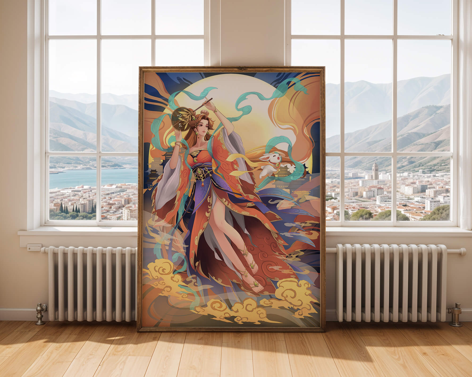 Elegant goddess with flowing robes against a mystical backdrop