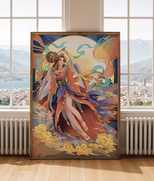 Elegant goddess with flowing robes against a mystical backdrop
