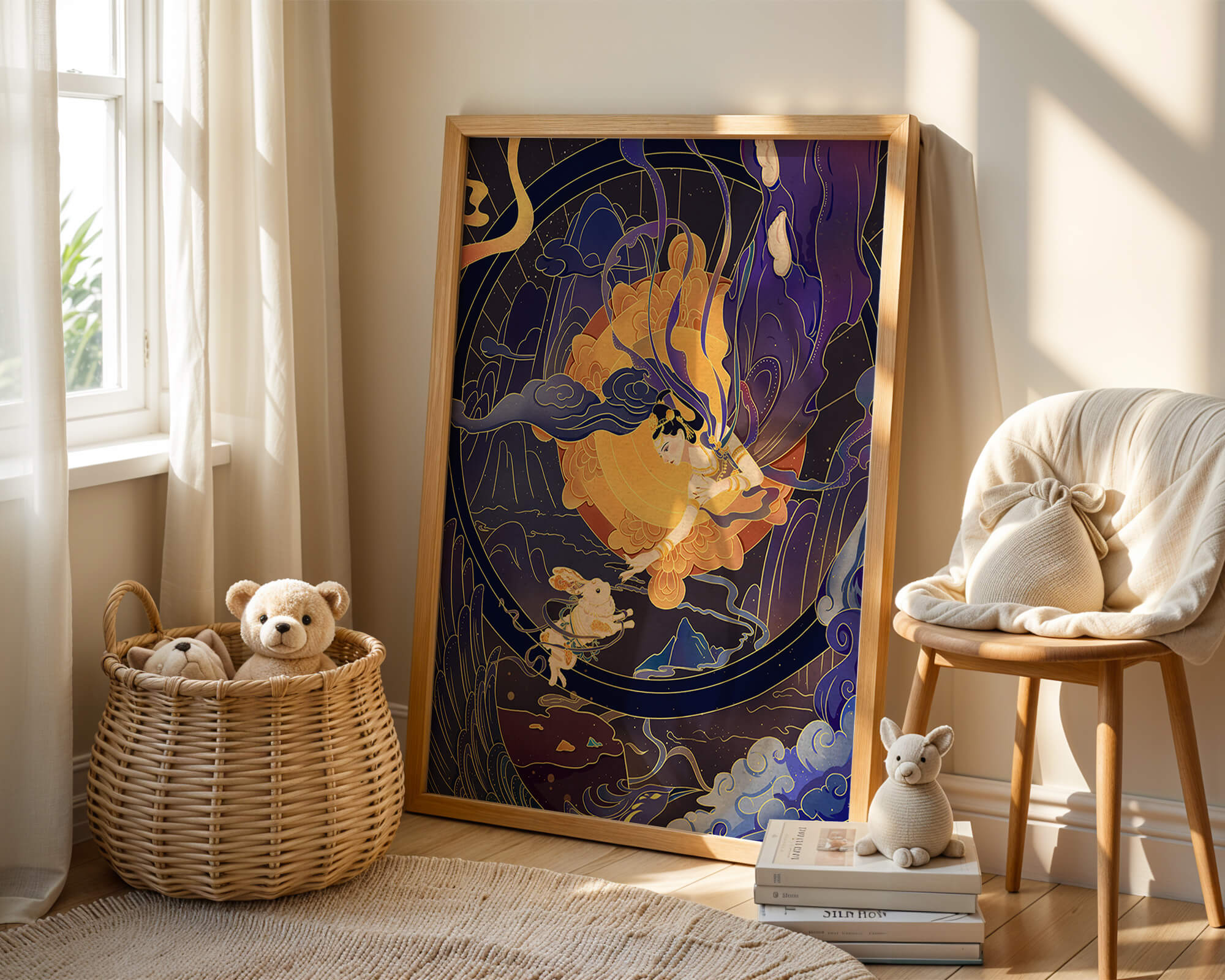 Elegant goddess reaching towards a celestial rabbit in a cosmic scene