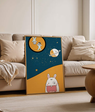Playful Cartoon of Astronauts and Rabbit with Planet and Stars - Mi tienda