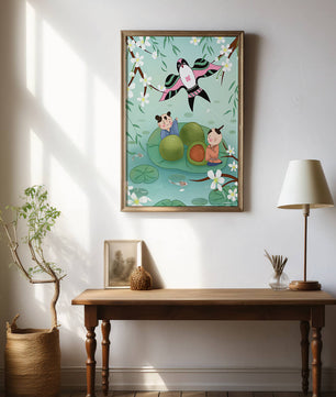 Children Playing on Lotus Leaves with Kite and Cherry Blossoms