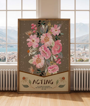 Ilustración acuarela floral con texto motivacional sobre un fondo marrón punteado