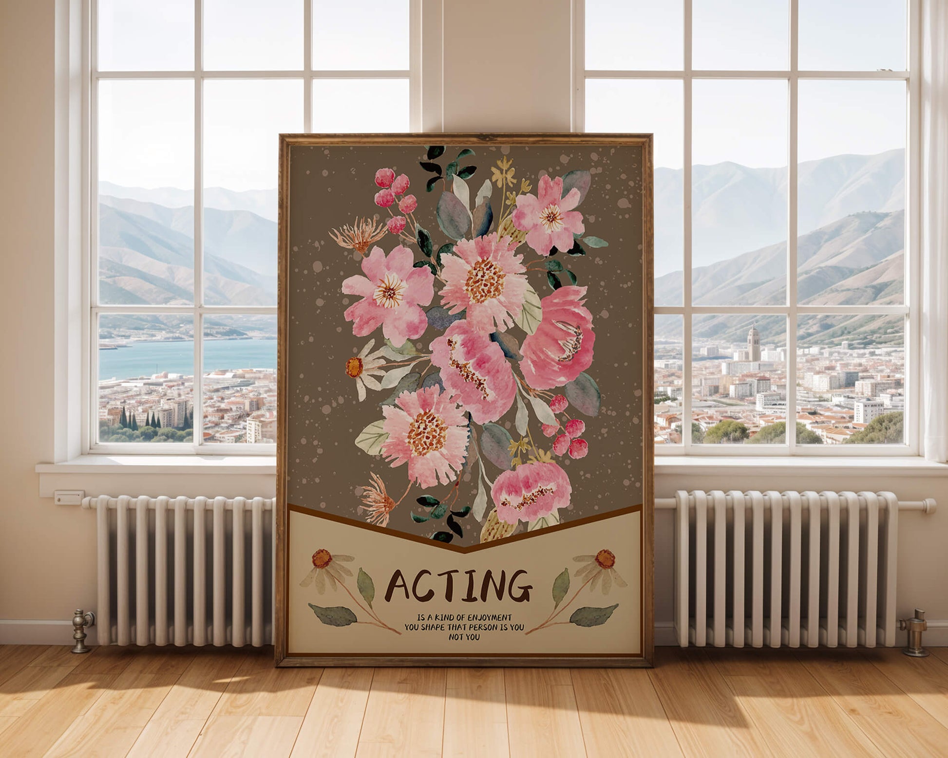 Floral watercolor illustration with motivational text on a brown dotted background