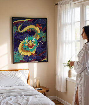 Illustration de dragon coloré avec des nuages ​​et des éléments de feuillage