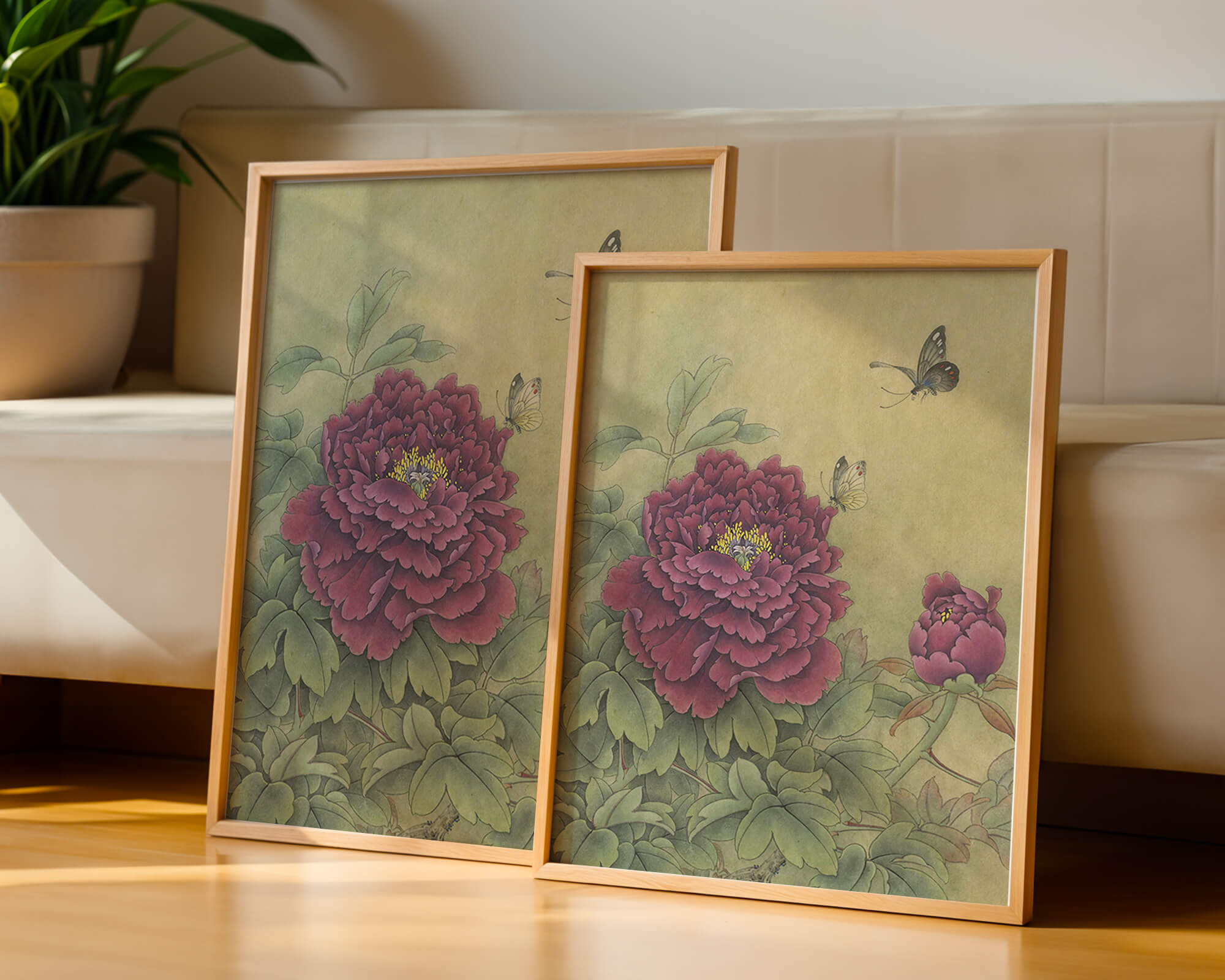 Delicate peonies with butterflies in a serene natural setting