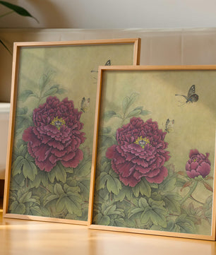 Delicate peonies with butterflies in a serene natural setting