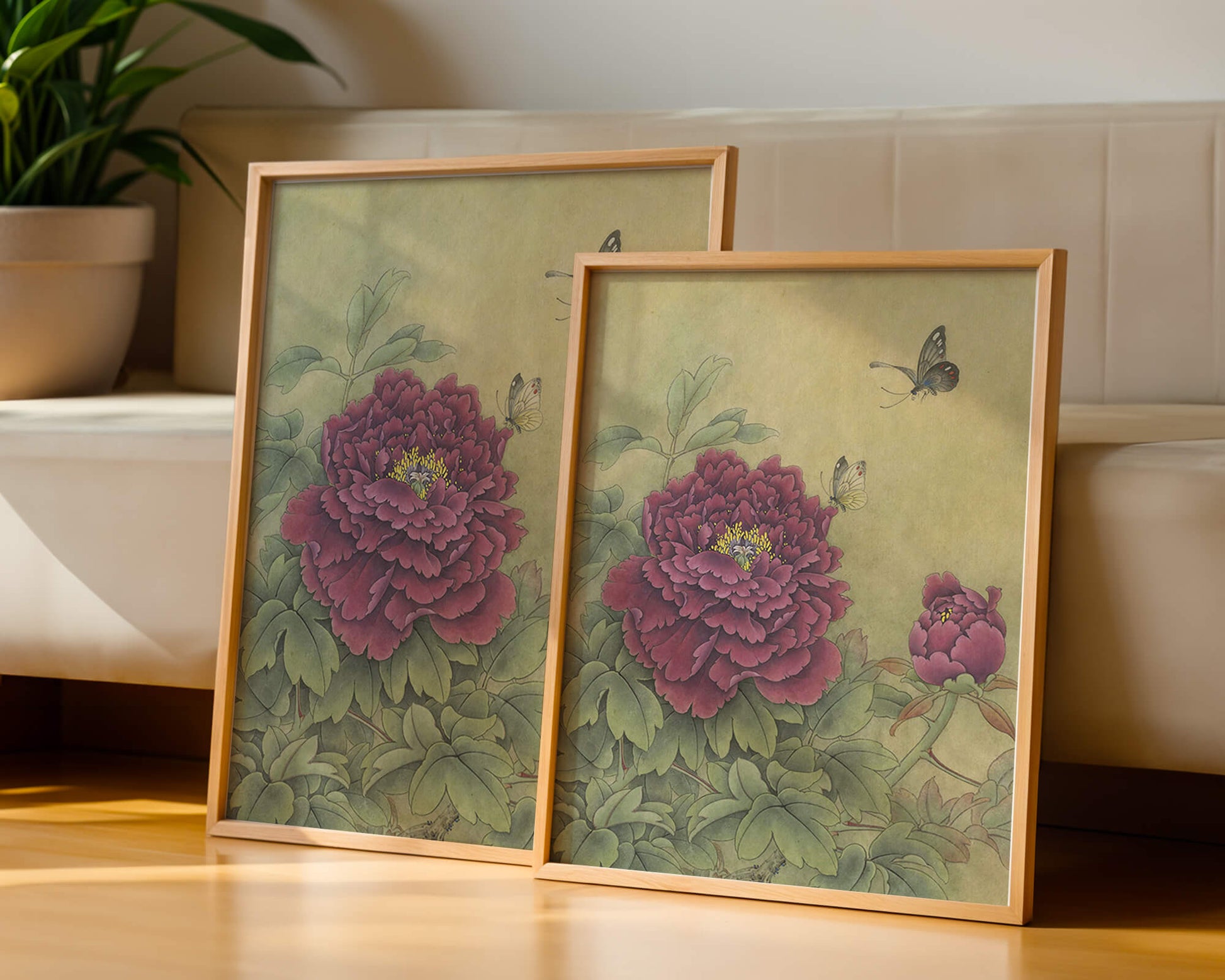 Delicate peonies with butterflies in a serene natural setting