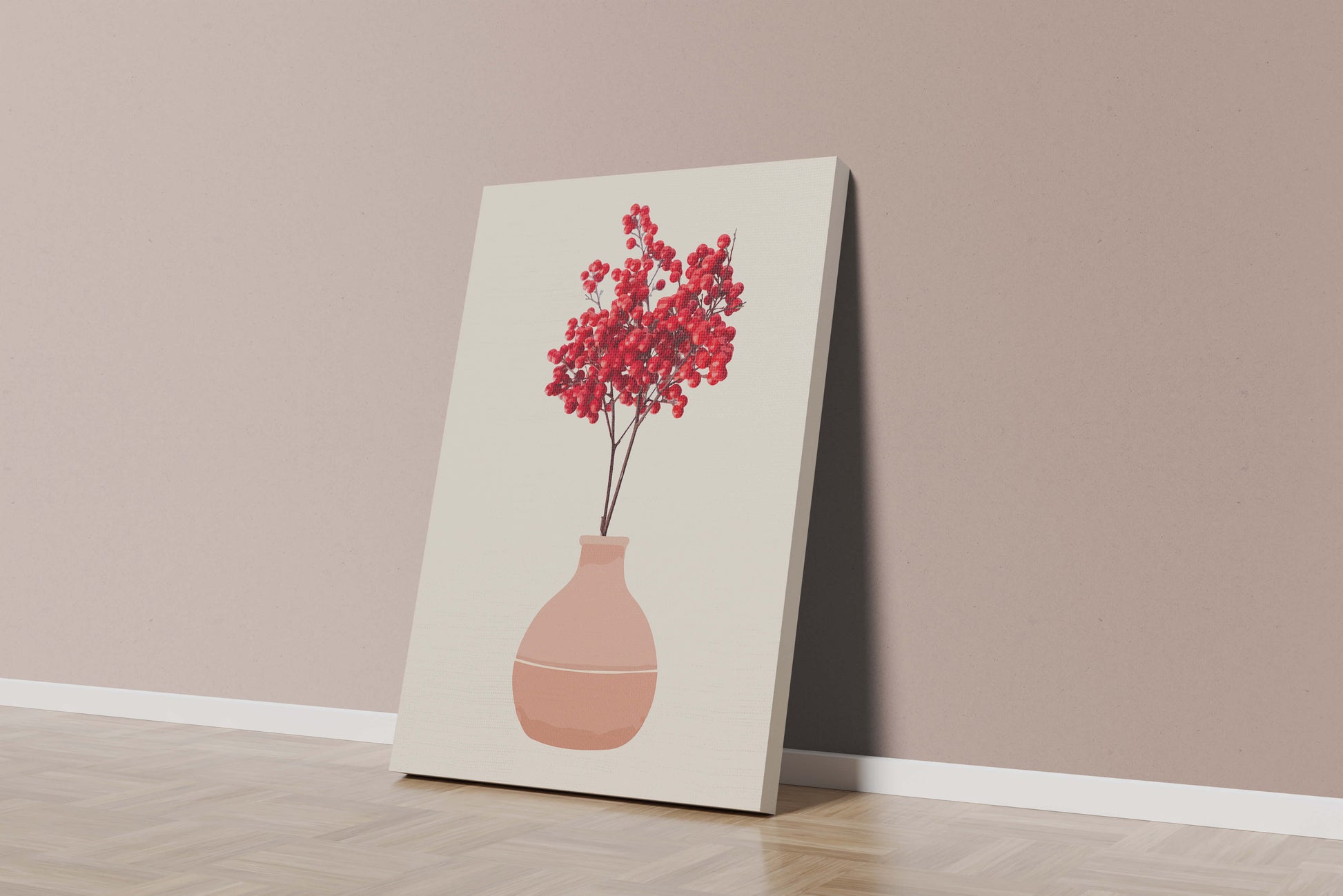 Red berries in minimalist clay vase on neutral background