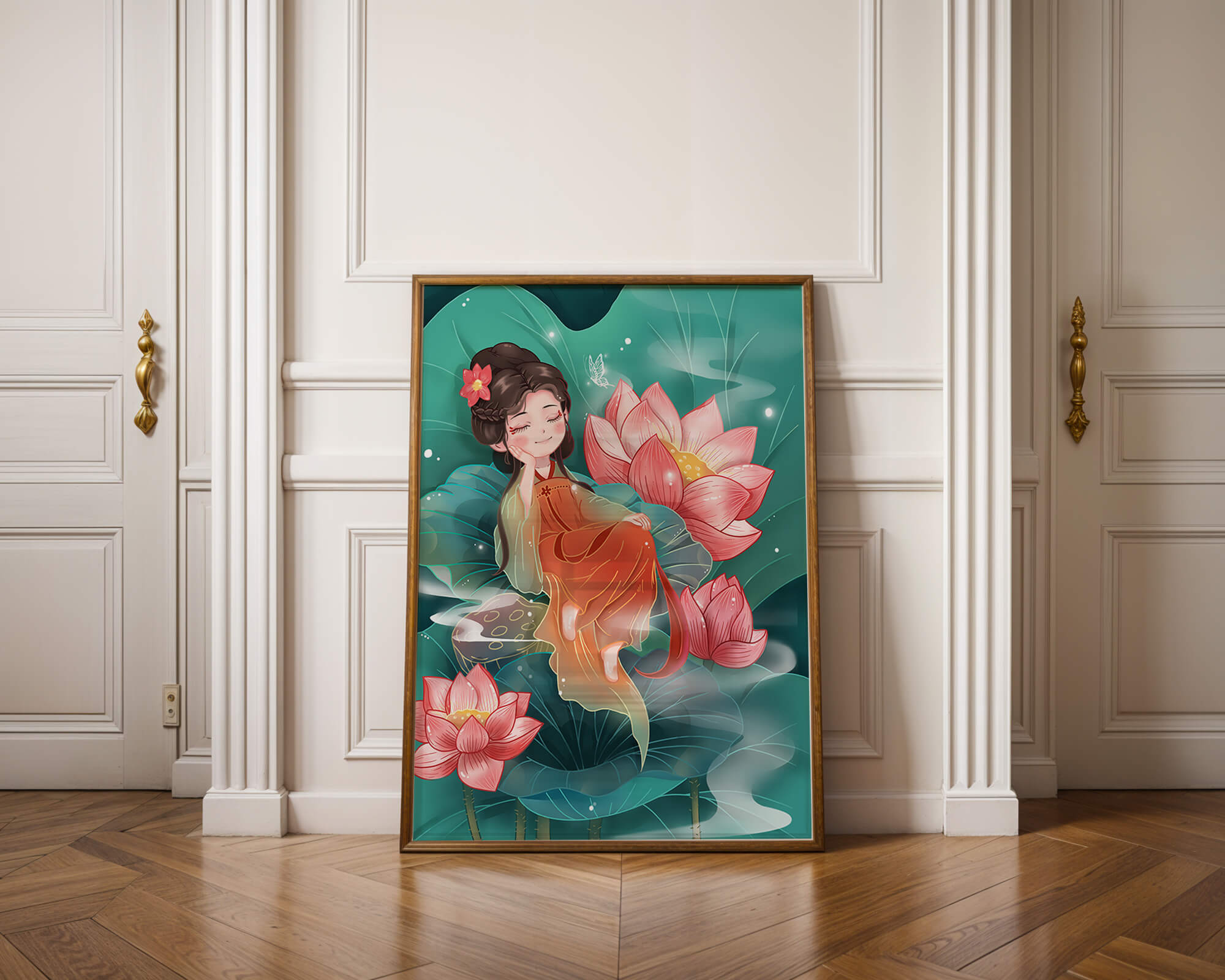 Charming illustration of a girl resting amidst lotus flowers
