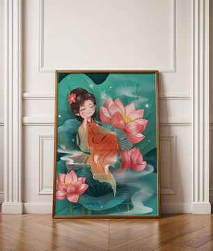 Charmante illustration d'une fille se reposant parmi des fleurs de lotus
