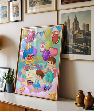Colorful clown-themed children's party with balloons and toys
