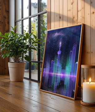 Futuristische Skyline mit leuchtenden Türmen unter sternenklarer Nacht