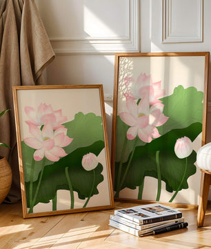 Delicate pink lotus flowers with verdant green leaves