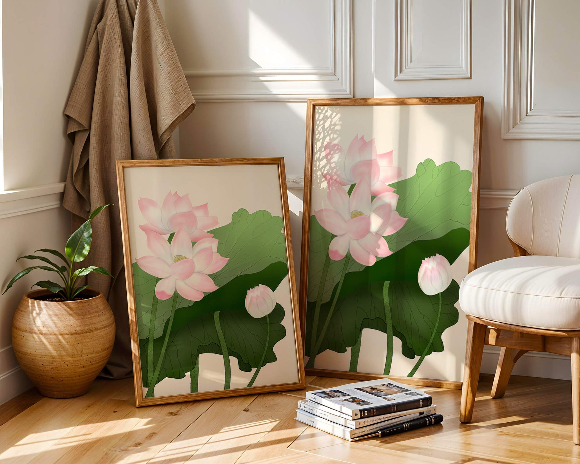 Delicate pink lotus flowers with verdant green leaves