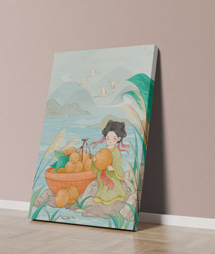 Paisaje sereno con una chica y una cesta de naranjas junto al agua