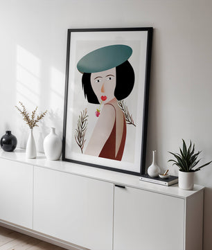 Mujer con sombrero azul y flor en estilo arte moderno
