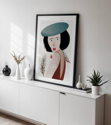 Woman with Blue Hat and Flower in Modern Art Style
