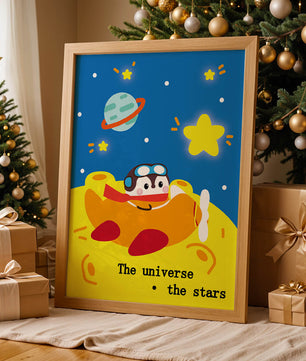 Colorful cartoon airplane with stars and planets in space