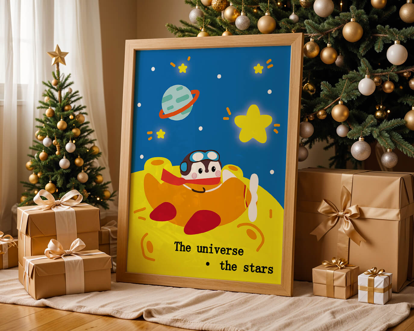Colorful cartoon airplane with stars and planets in space