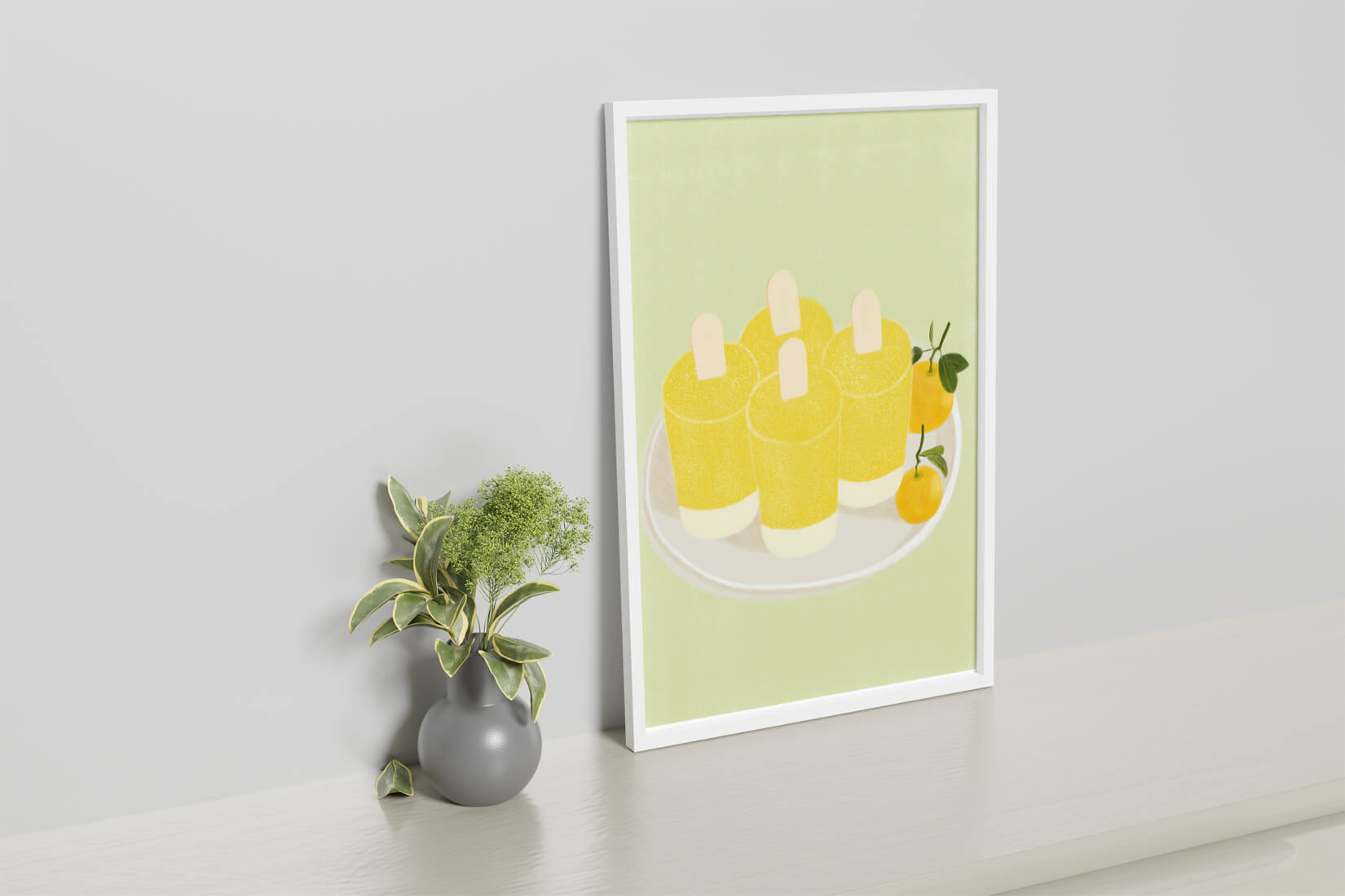 Illustration of yellow popsicles and oranges on a plate