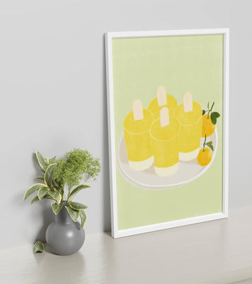 Illustration of yellow popsicles and oranges on a plate