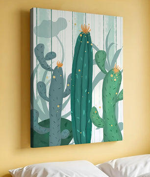 Colorful Cacti with Golden Elements on a Textured Background