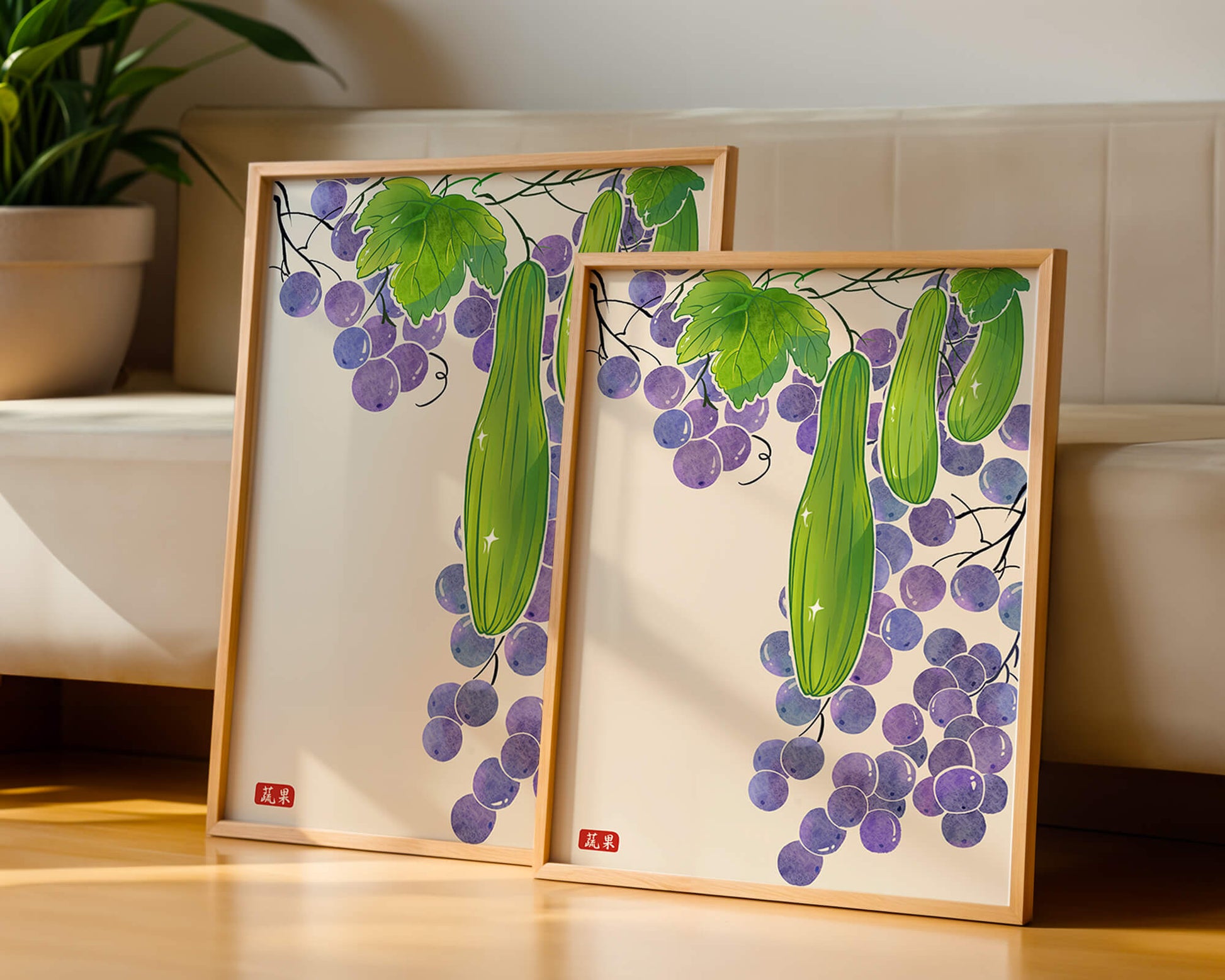 Ilustración de uvas y pepino con colores vibrantes y hojas