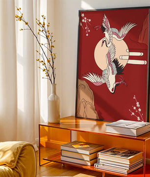 Elegant Asian-inspired artwork featuring flying cranes and cherry blossoms