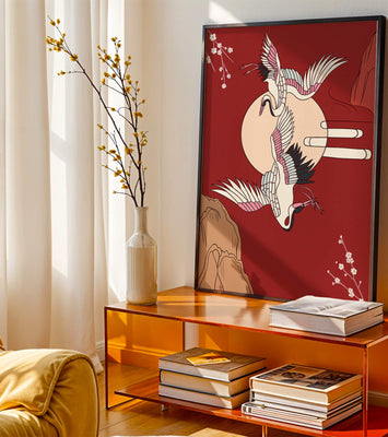 Elegant Asian-inspired artwork featuring flying cranes and cherry blossoms