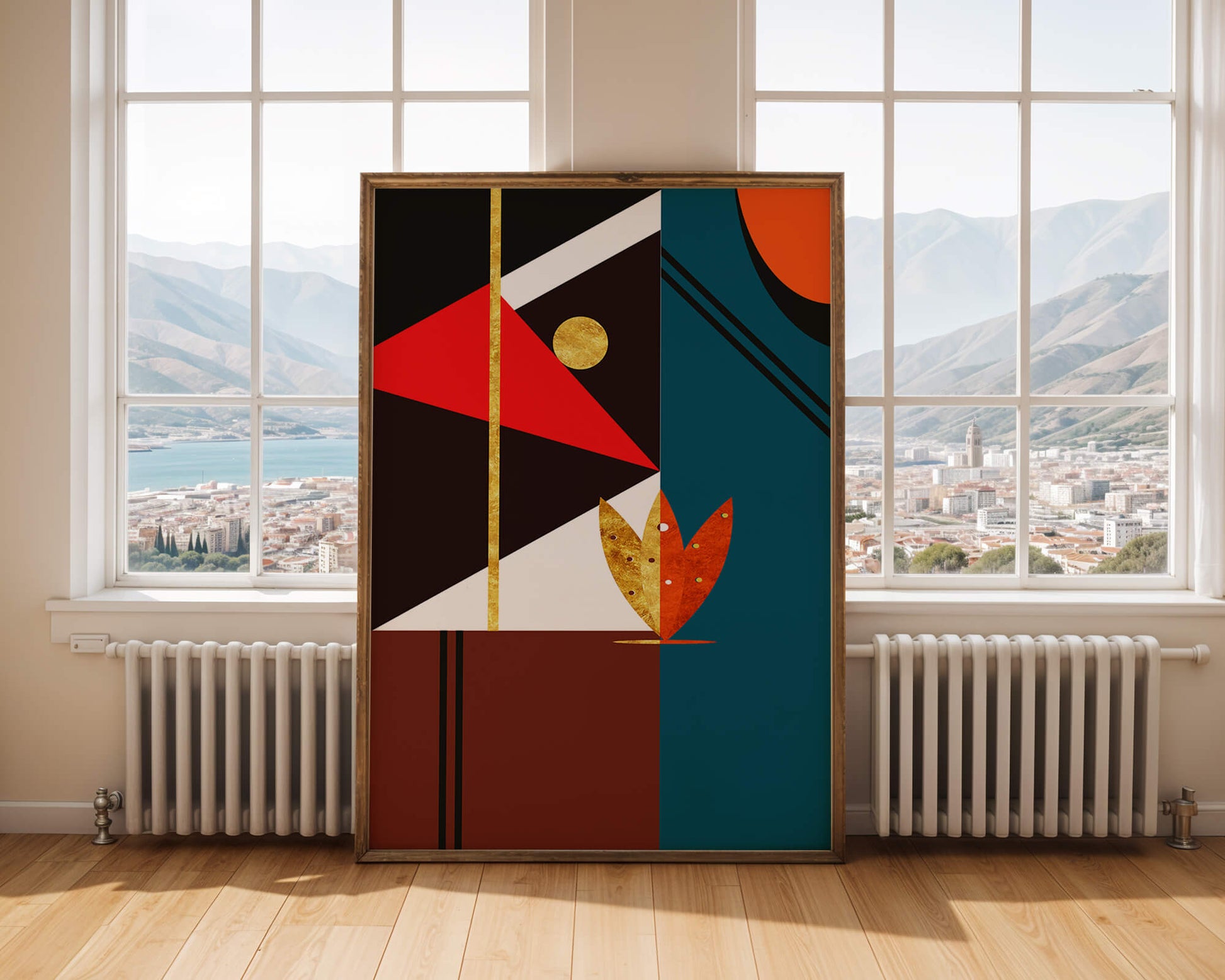 Geometrische abstrakte Kunst mit Gold und kräftigen Formen