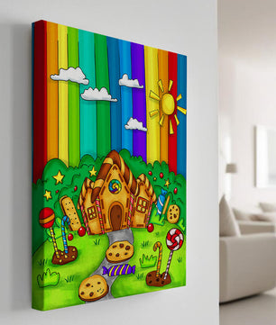 Whimsical candy house in a vibrant rainbow landscape