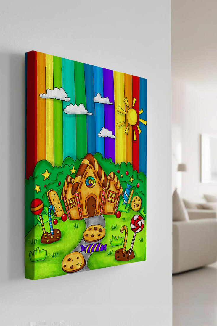 Whimsical candy house in a vibrant rainbow landscape