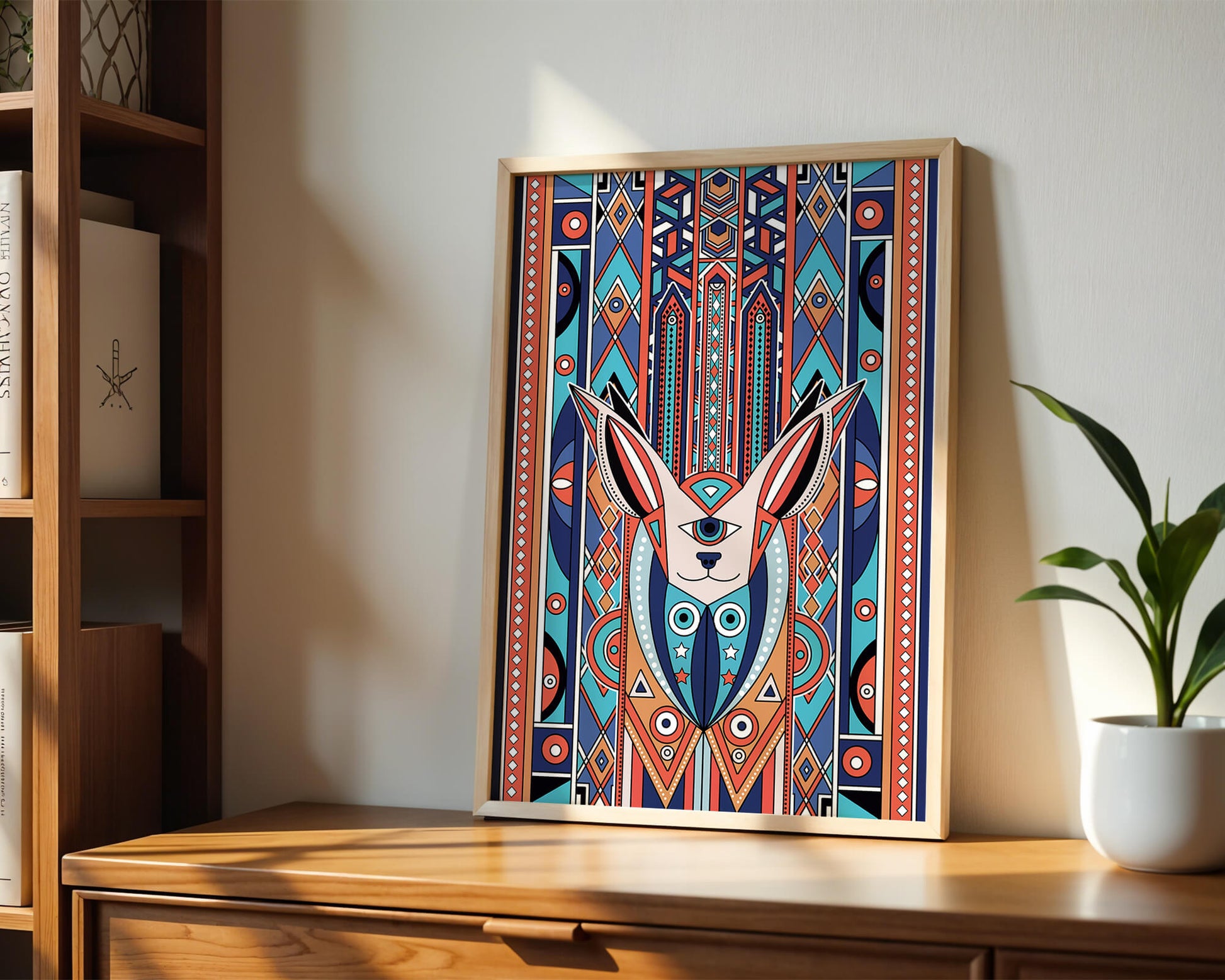 Diseño geométrico abstracto con motivo animal y patrones vibrantes