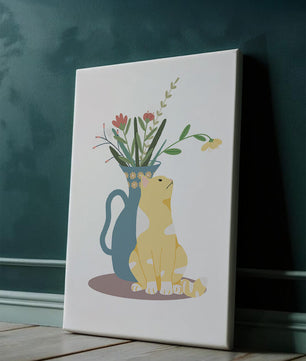 Ilustración de un gato sentado junto a un jarrón floral