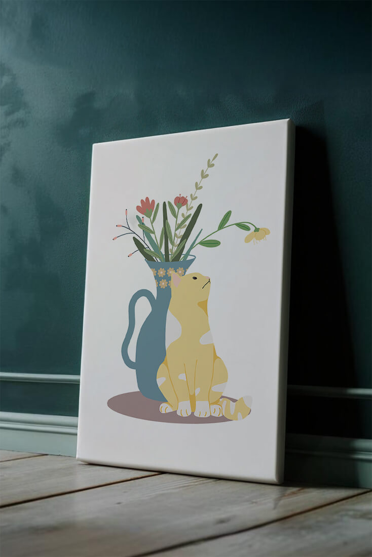Illustration of a cat sitting beside a floral vase